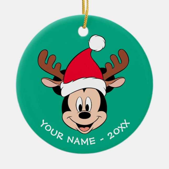 Mickey Mouse | Reindeer Ears & Santa Hat Ceramic Ornament (Front)