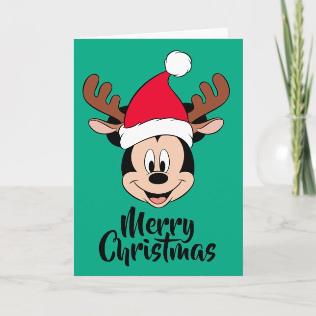 Mickey Mouse | Reindeer Ears & Santa Hat Holiday Card (Front)