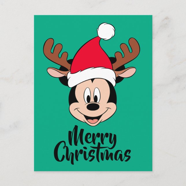 Mickey Mouse | Reindeer Ears & Santa Hat Holiday Postcard (Front)