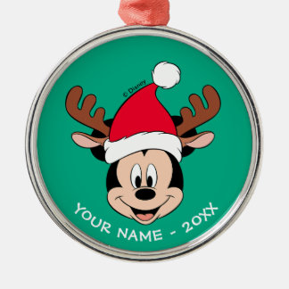 Mickey Mouse | Reindeer Ears & Santa Hat Metal Ornament