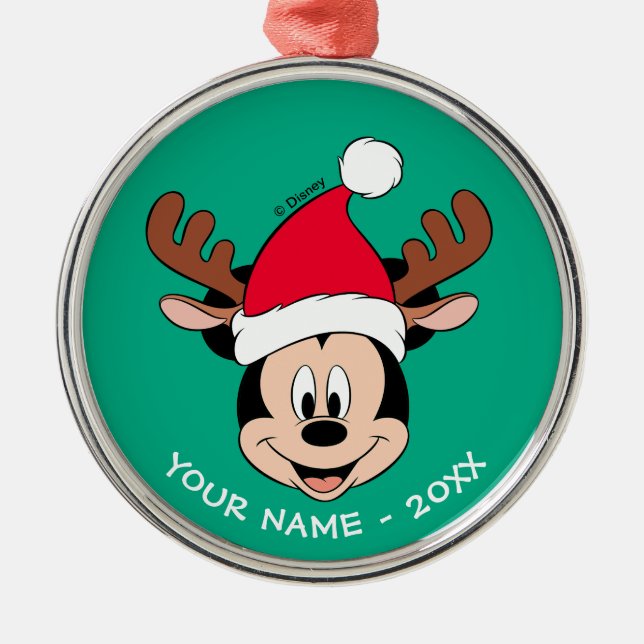 Mickey Mouse | Reindeer Ears & Santa Hat Metal Ornament (Front)