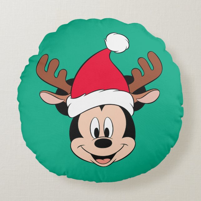 Mickey Mouse | Reindeer Ears & Santa Hat Round Pillow (Front)