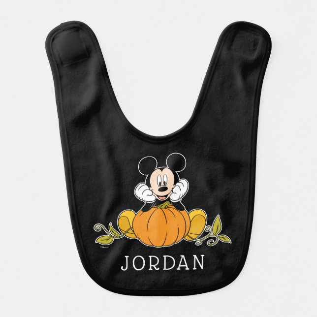 Mickey Mouse Sitting on Pumpkin Baby Bib (Front)