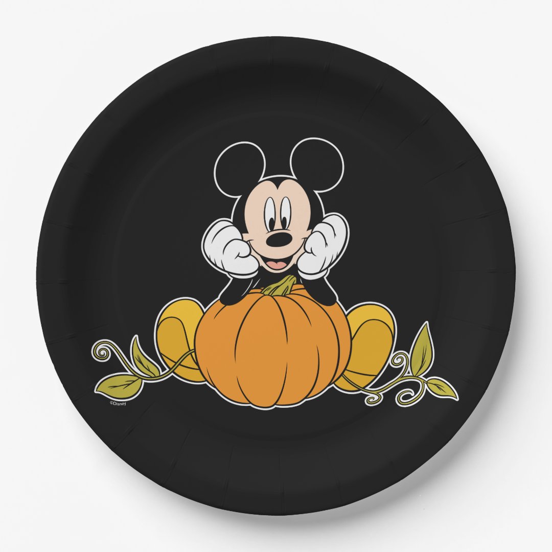 Mickey Mouse Sitting on Pumpkin Paper Plates | Zazzle