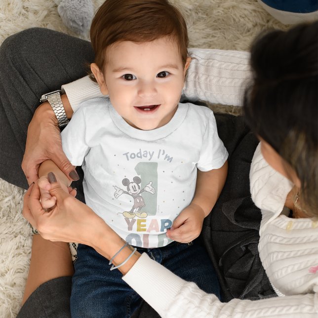 Mickey Mouse Watercolor 1st Birthday Baby T-Shirt (Baby wearing t-shirt)