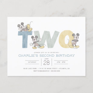 Mickey Mouse Watercolor 2nd Birthday Invitation