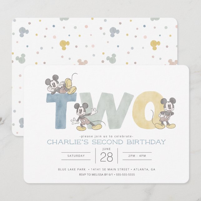 Mickey Mouse Watercolor 2nd Birthday Invitation (Front/Back)