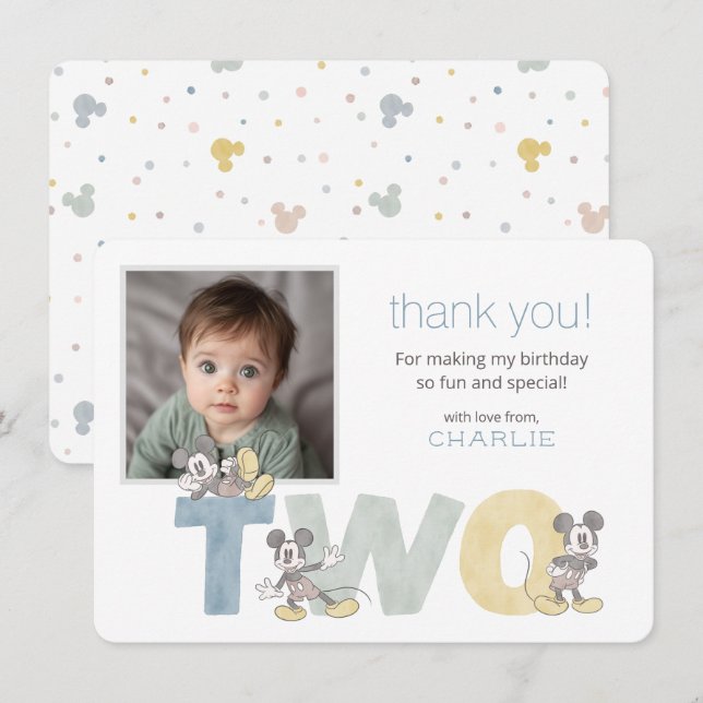 Mickey Mouse Watercolor 2nd Birthday Thank You Card (Front/Back)