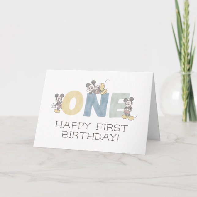 Mickey Mouse Watercolor First Birthday Card (Front)