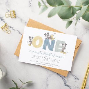 Mickey Mouse Watercolor First Birthday Invitation