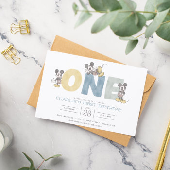 Mickey Mouse Watercolor First Birthday Invitation by MickeyAndFriends at Zazzle