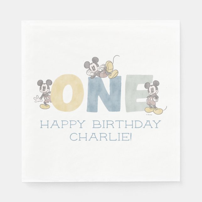 Mickey Mouse Watercolor First Birthday Napkins (Front)