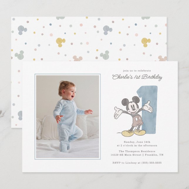 Mickey Mouse Watercolor First Birthday - Photo Invitation (Front/Back)