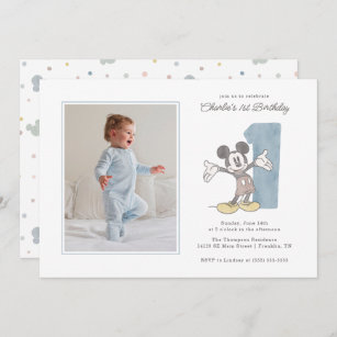 Mickey Mouse Watercolor First Birthday - Photo Invitation