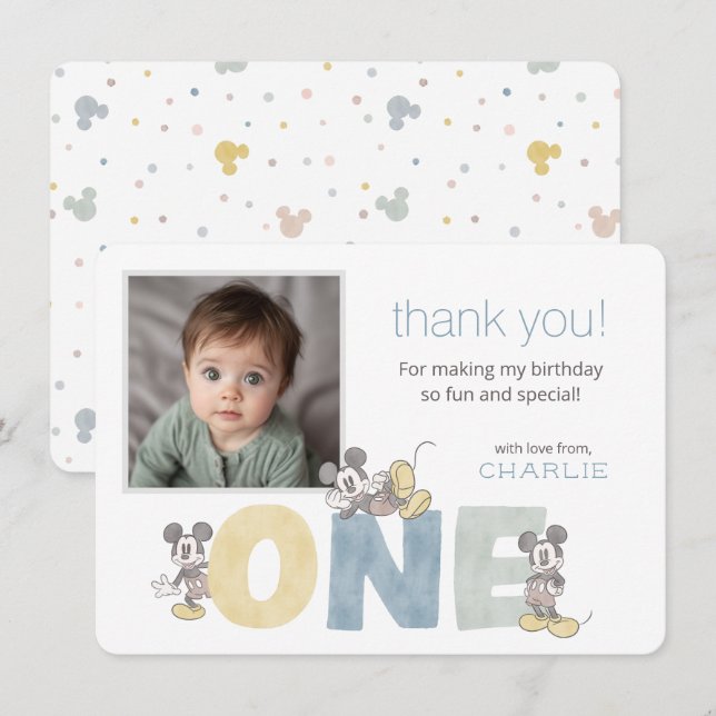 Mickey Mouse Watercolor First Birthday Thank You Card (Front/Back)