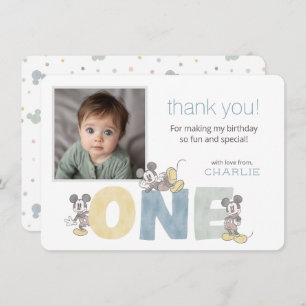 Mickey Mouse Watercolor First Birthday Thank You Card