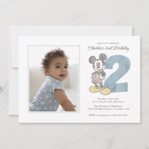 Mickey Mouse Watercolor Second Birthday - Photo Invitation