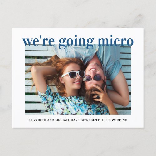 Micro Downsized Reduced Wedding Photo Blue Announcement Postcard