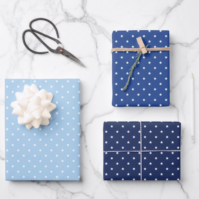 Micro Stars White - 3 Blue Wrapping Paper Sheets (Front)