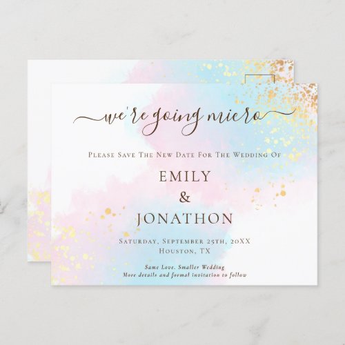 Micro Wedding Blue Pink Watercolor Save The Date Announcement Postcard