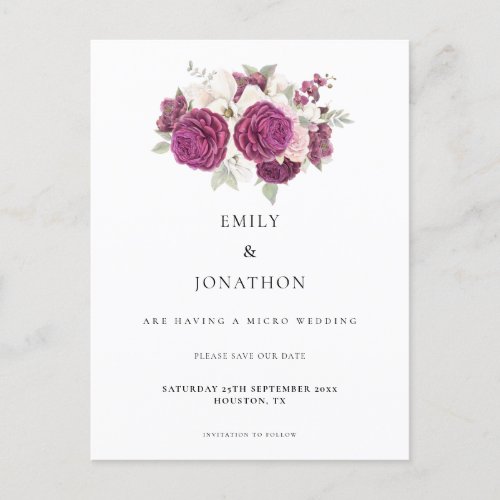 Micro Wedding Burgundy Floral Save The Date Announcement Postcard