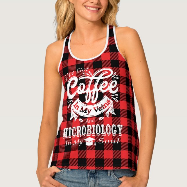 Microbiology Student Coffee In My Veins Red Plaid Tank Top (Front)