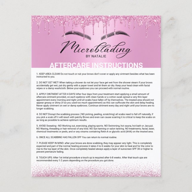 Microblading Aftercare Instruction Pink Drips  Flyer (Front)