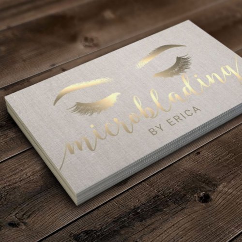 Microblading Brow Makeup Artist Gold Script Linen Business Card