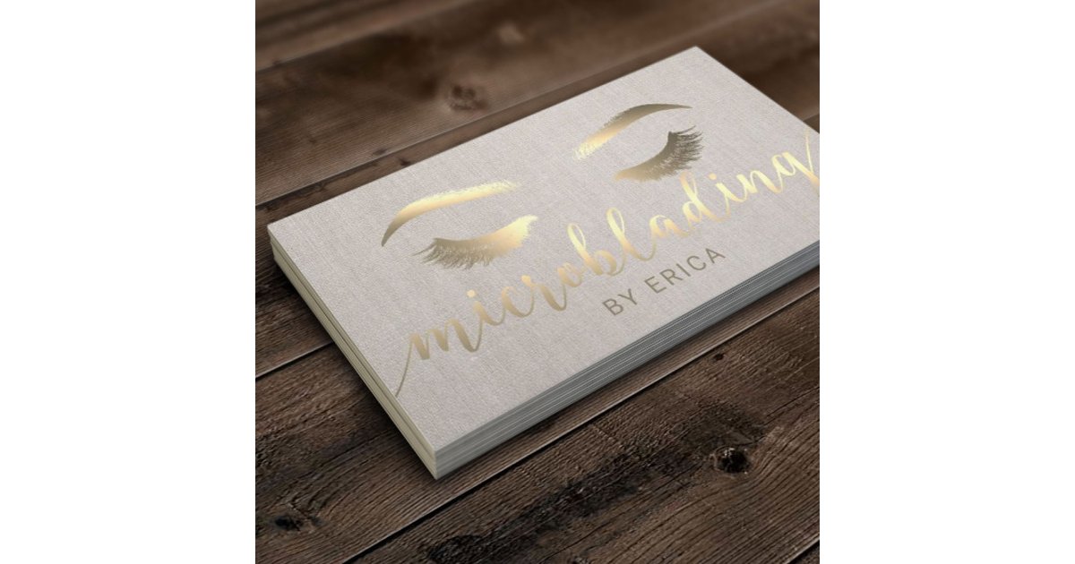Microblading Brow Makeup Artist Gold Script Linen Business Card | Zazzle