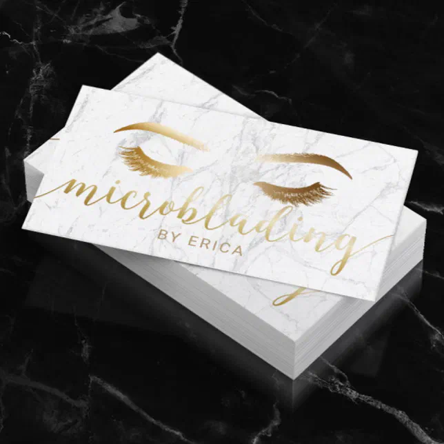 Microblading Brow Makeup Artist Gold Script Marble Business Card | Zazzle