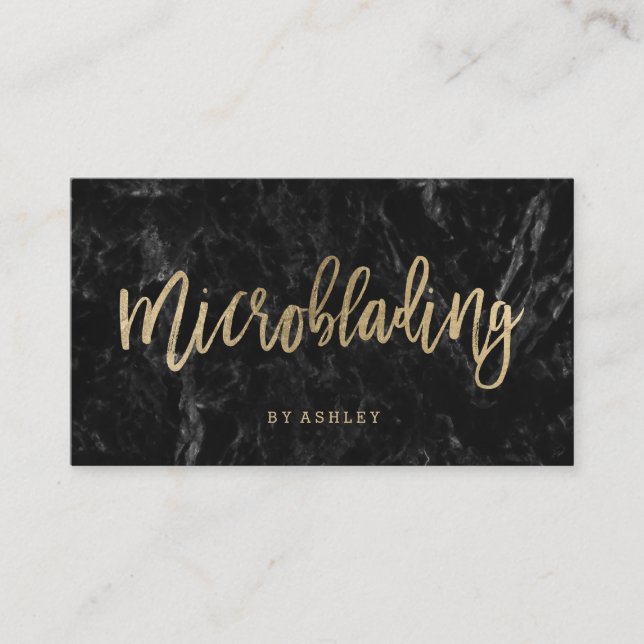 Microblading chic gold typography black marble business card (Front)