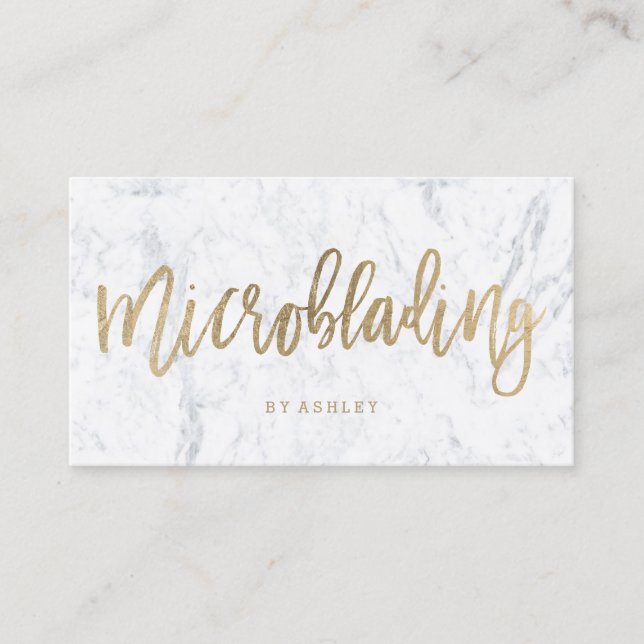Microblading chic gold typography white marble business card (Front)