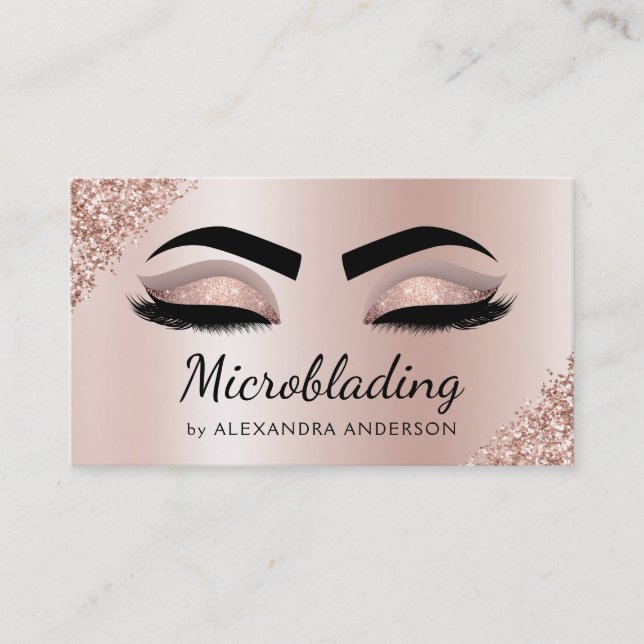 Microblading Eyebrows Brows Glitter Rose Gold Pink Business Card (Front)