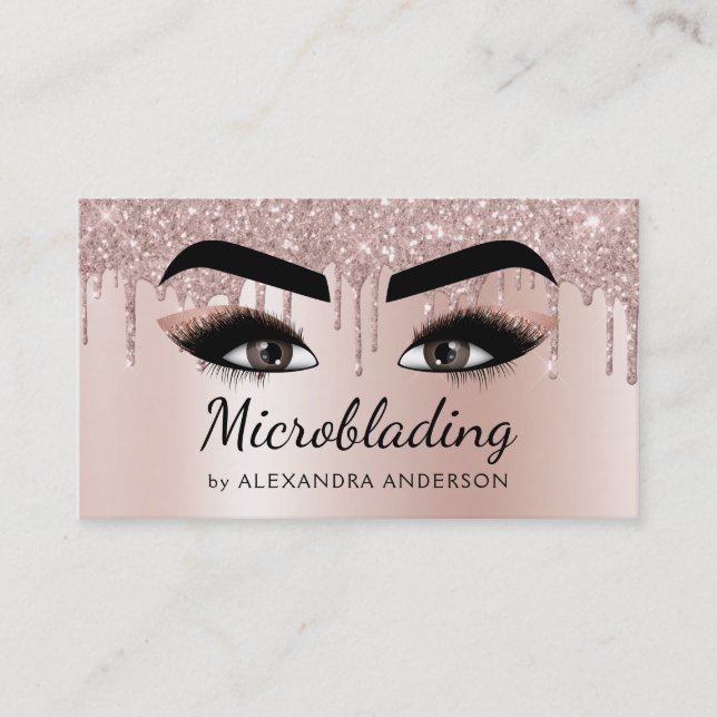Microblading Eyebrows Brows Glitter Rose Gold Pink Business Card (Front)