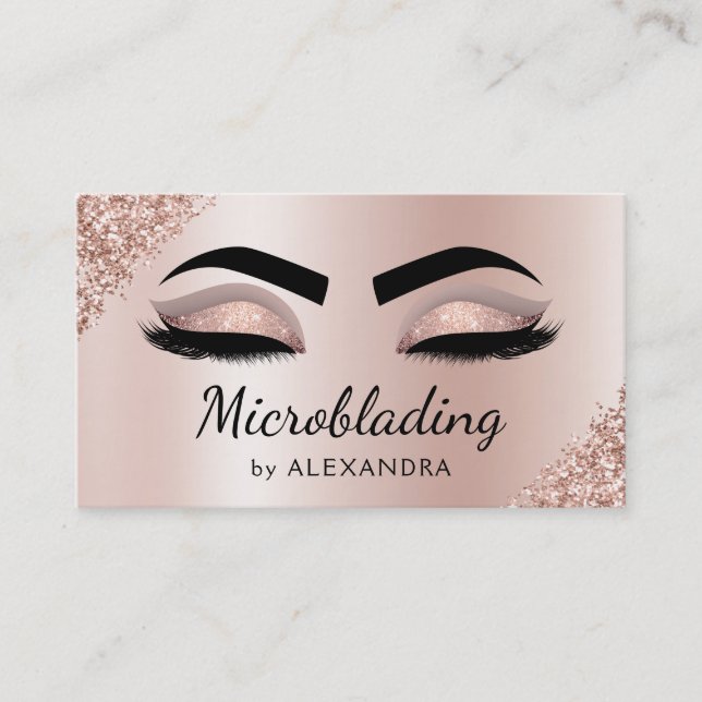 Microblading Eyebrows Brows Glitter Rose Gold Pink Business Card (Front)