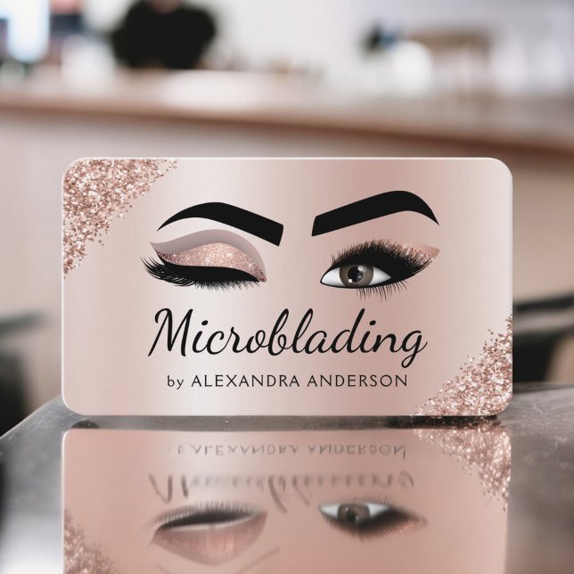 Microblading Eyebrows Brows Glitter Rose Gold Pink Business Card (Creator Uploaded)