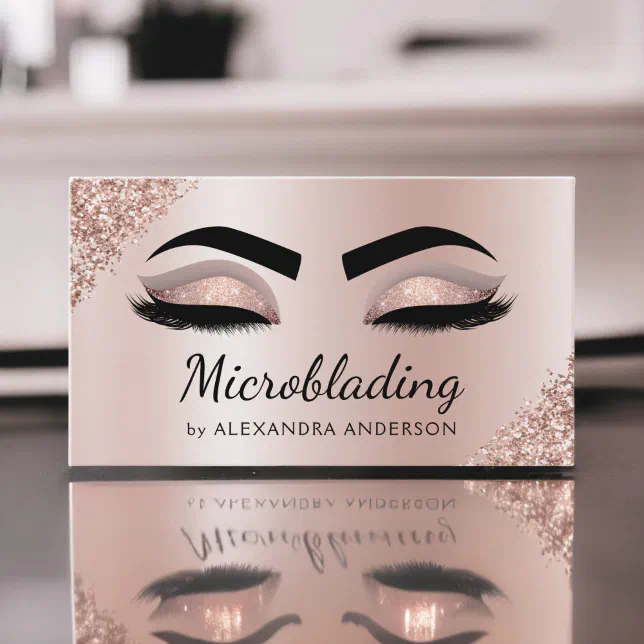 Microblading Eyebrows Brows Glitter Rose Gold Pink Business Card | Zazzle