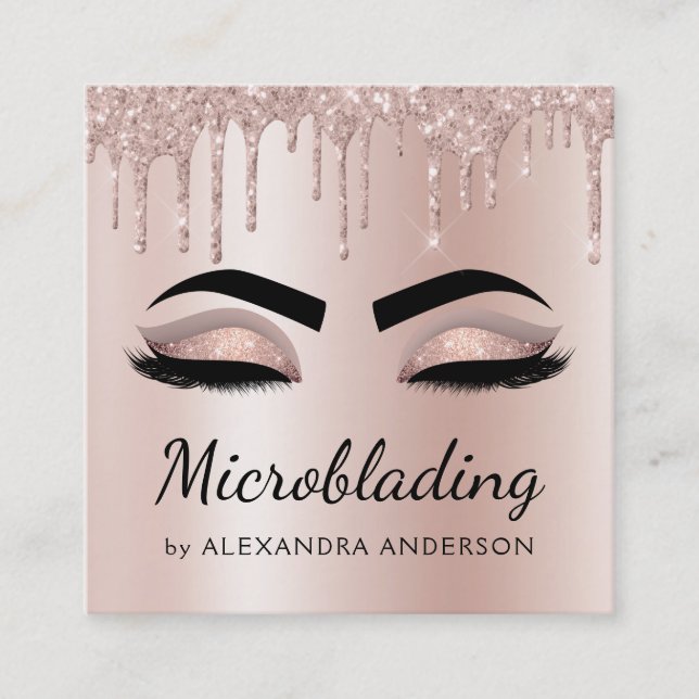 Microblading Eyebrows Brows Glitter Rose Gold Pink Square Business Card (Front)