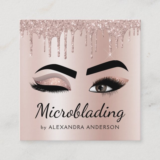 Microblading Eyebrows Brows Glitter Rose Gold Pink Square Business Card (Front)