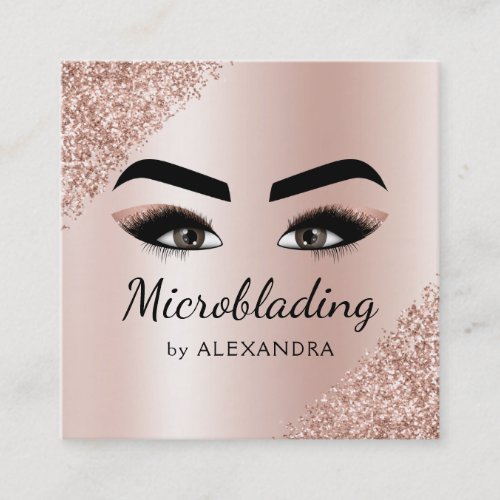 Microblading Eyebrows Brows Glitter Rose Gold Pink Square Business Card