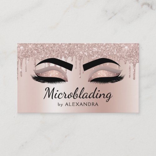 Microblading Eyebrows Dripping Glitter Rose Gold Business Card