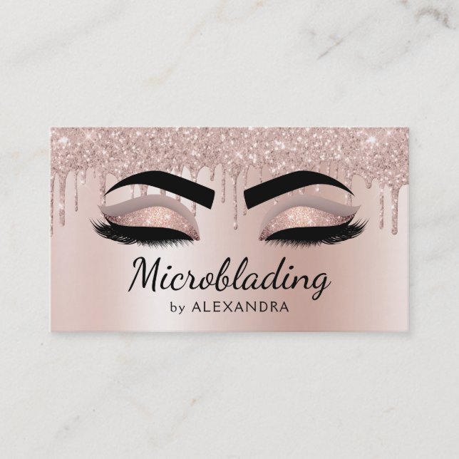 Microblading Eyebrows Dripping Glitter Rose Gold Business Card (Front)
