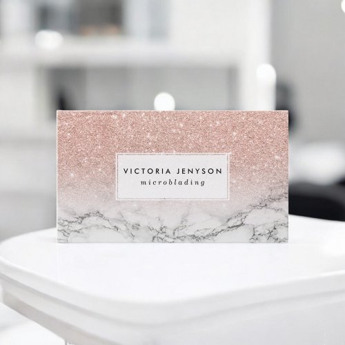 Microblading faux rose pink glitter white marble business card