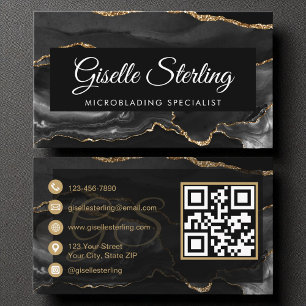 Microblading QR Code Black Gold Agate Luxury Business Card
