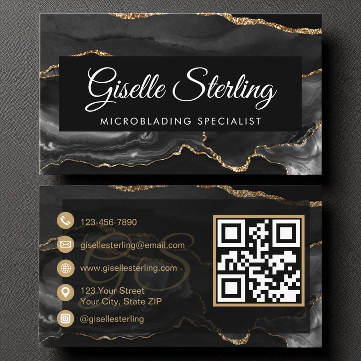 Microblading QR Code Black Gold Agate Luxury Business Card