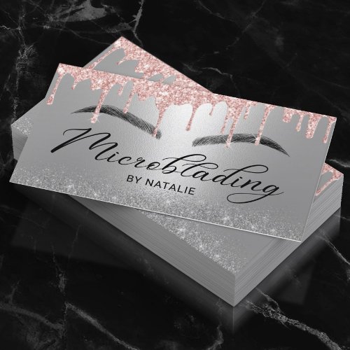Microblading Rose Gold Drips Silver Typography Business Card