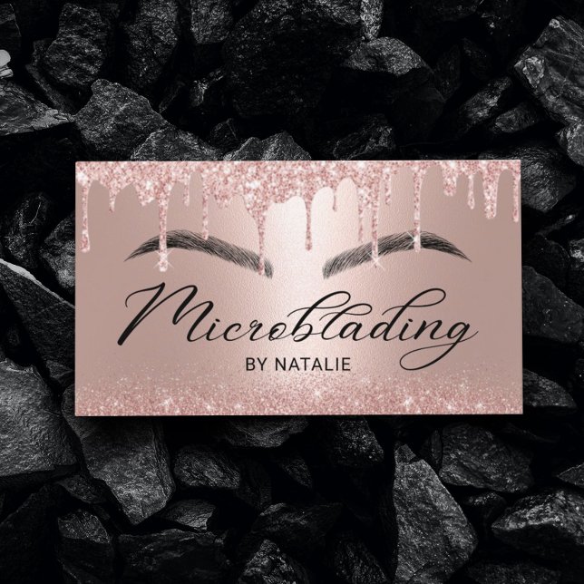 Microblading Rose Gold Glitter Drips Typography Business Card