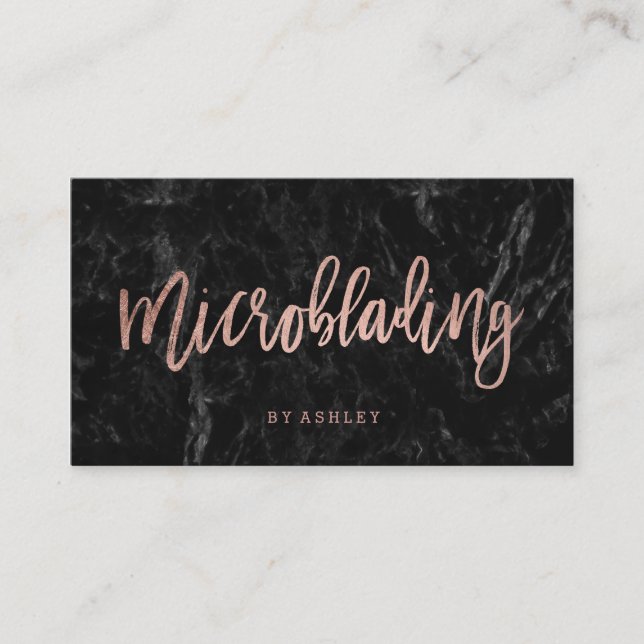Microblading rose gold typography black marble business card (Front)