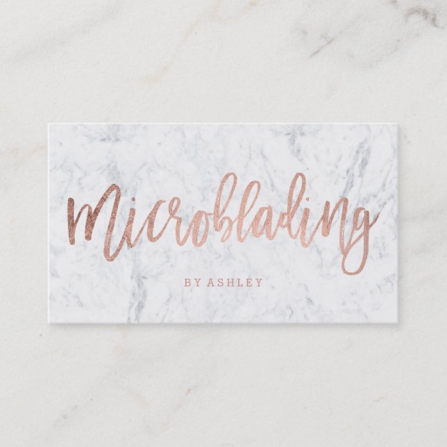 Microblading rose gold typography white marble business card (Front)