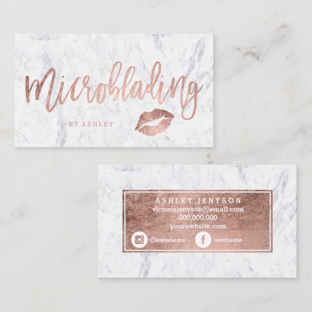 Microblading rose gold typography white marble lip business card (Front/Back)